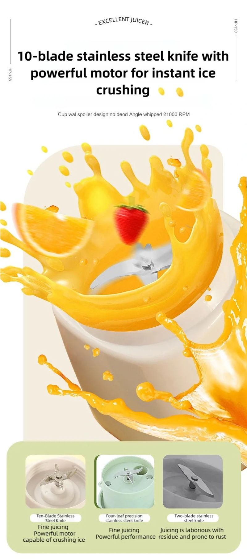 Description Picture 6 of itemTINSOL Electric Juicer Portable Blender 10 Blades Multifunctional Juice Blender Fresh Juice Smoothie Blender Food Processor