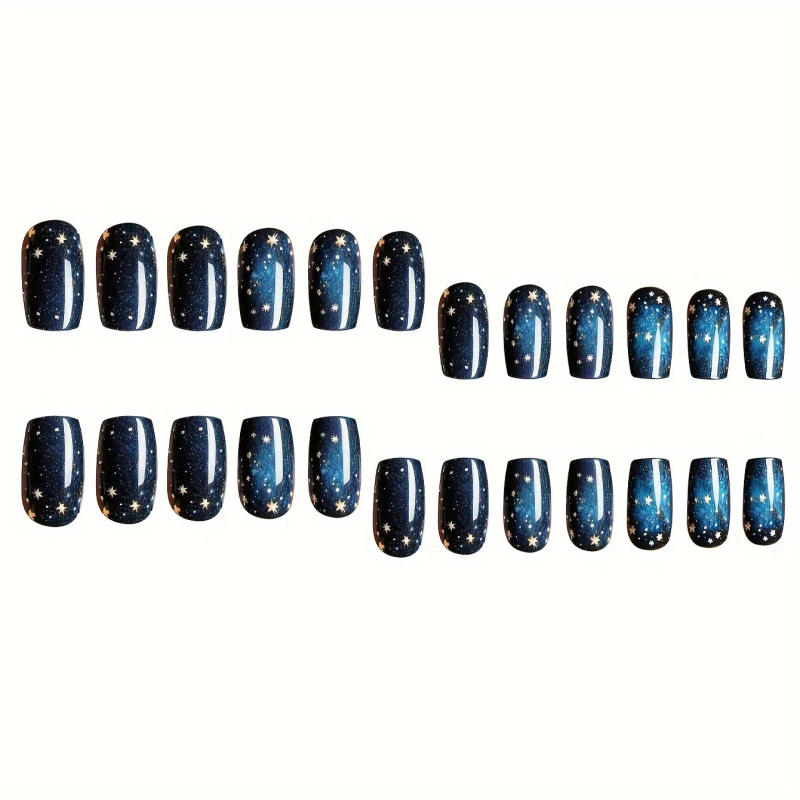 Description Picture 5 of item24Pcs Starry Press on Fake Nails Wearable Short Square False Nails Fashion Cartoon Nail Tips with Jelly Glue Full Cover Nail Art