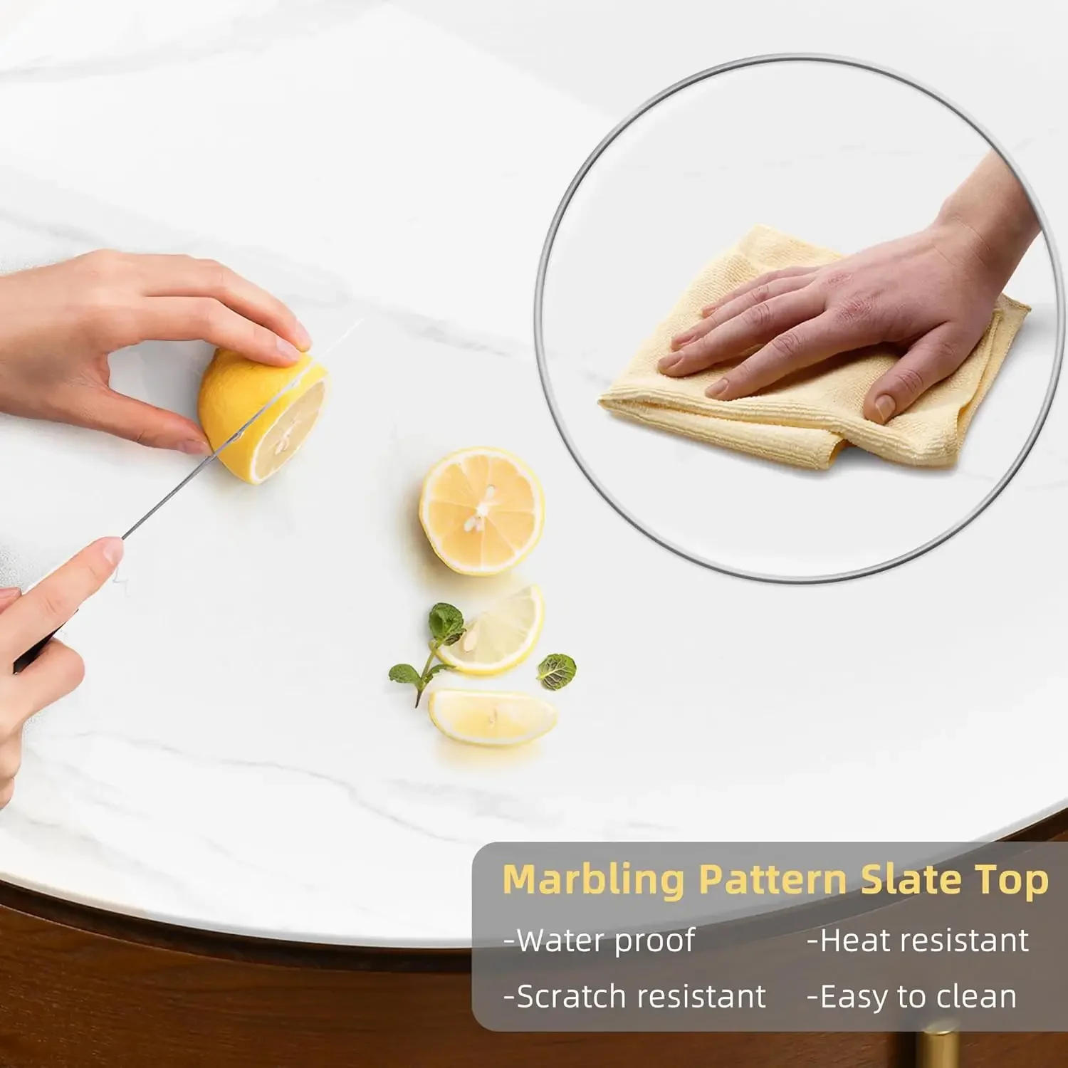 Description Picture 5 of itemDWVO 32" L Round Marbling Pattern Slate Coffee Table with Storage 3 Stools Wood Rustic Boho Lift Top Coffee Table Set for Living