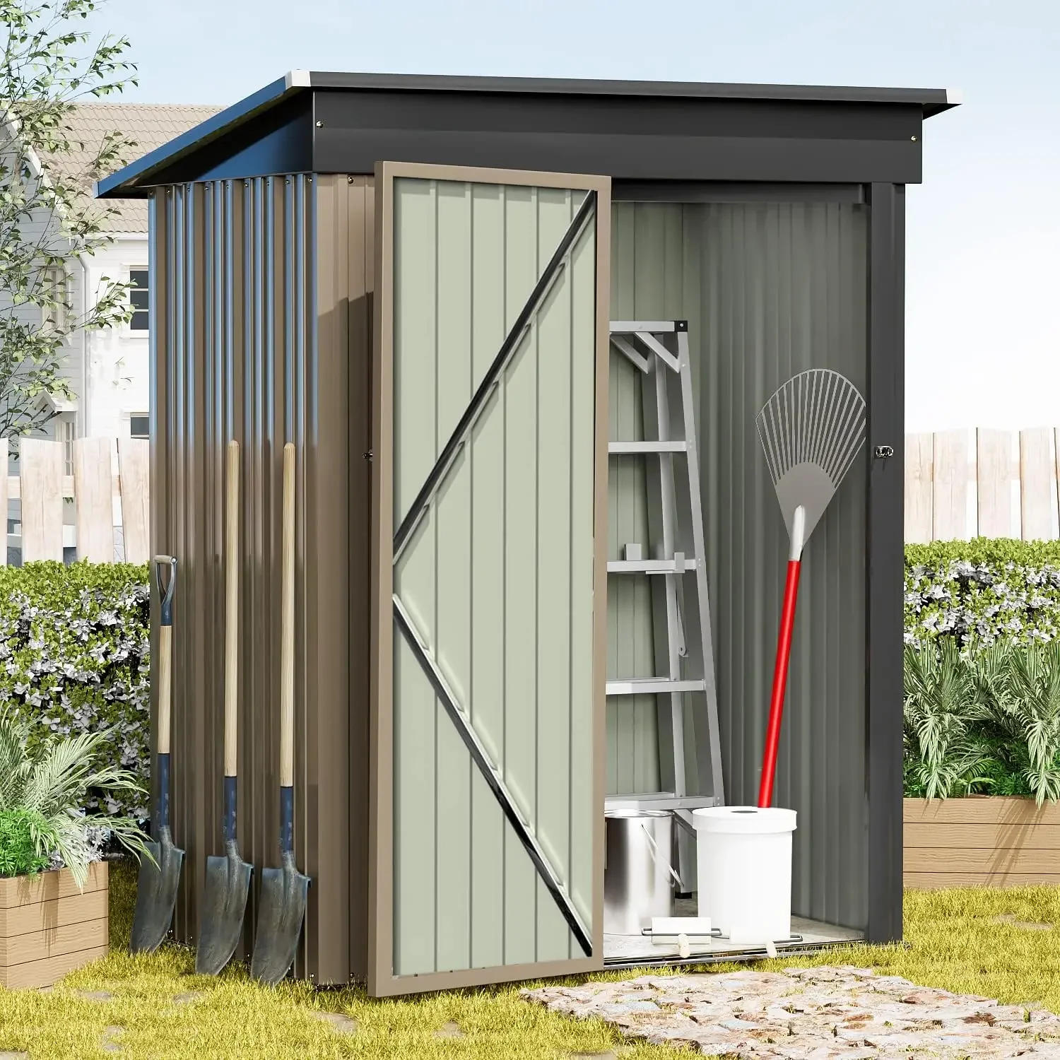 Description Picture 4 of itemMetal Outdoor Storage Shed 5FT x 3FT, Steel Utility Tool Shed Storage House with Door & Lock, for Backyard Garden Patio Lawn