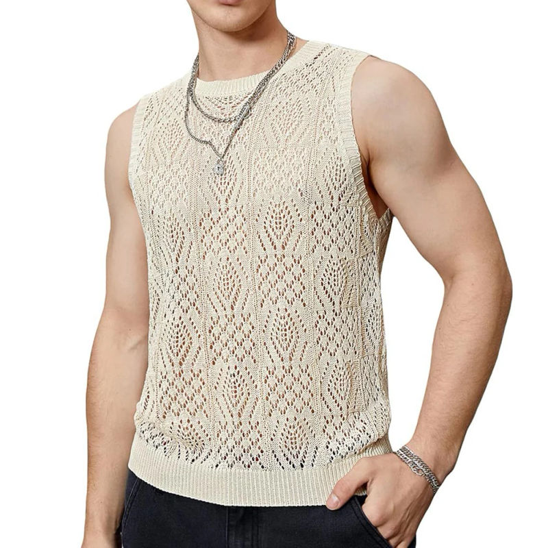 Description Picture 4 of itemStreetwear Vest Thin Hollow Out Mesh Knitted Tanks Men Polyester S-2XL Sexy Summer Sleeveless Tank Top Brand New