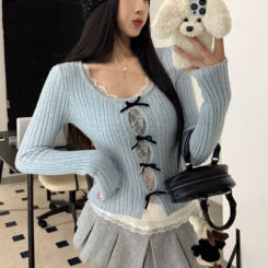 Women's Korea Style Knit Blue U-Neck Pullover Shirt 2025  Spring Casual Bow Decoration Long Sleeve Top