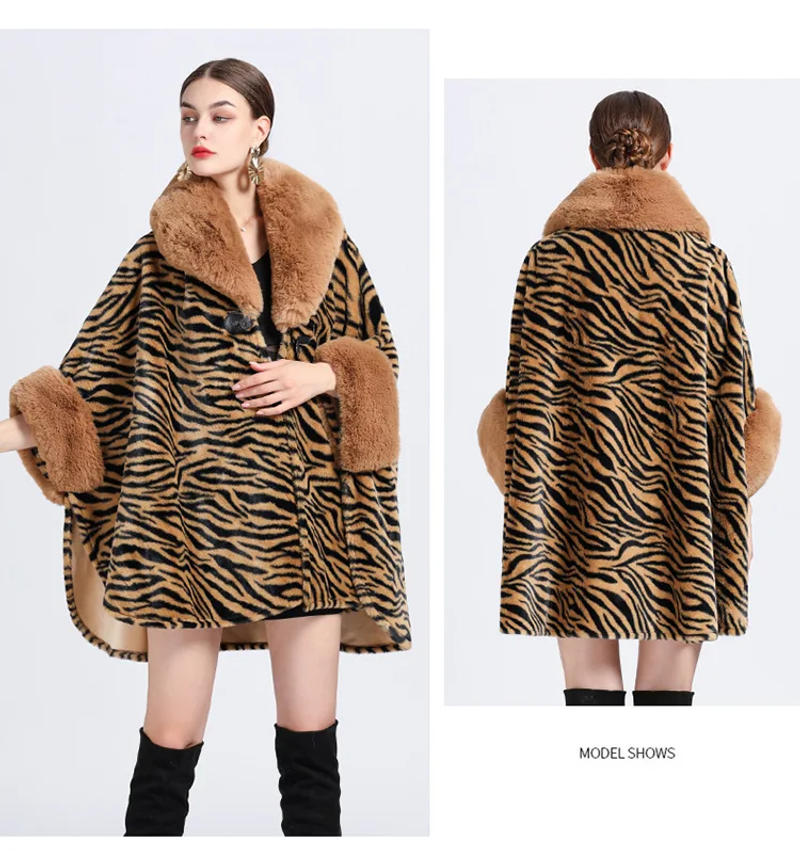 Description Picture 4 of itemWinter Big Pendulum Faux Fur Collar Cardigan Woolen Loose Capes Coat Batwing Sleeves Poncho Women Zebra Striped Overcoat Cloak