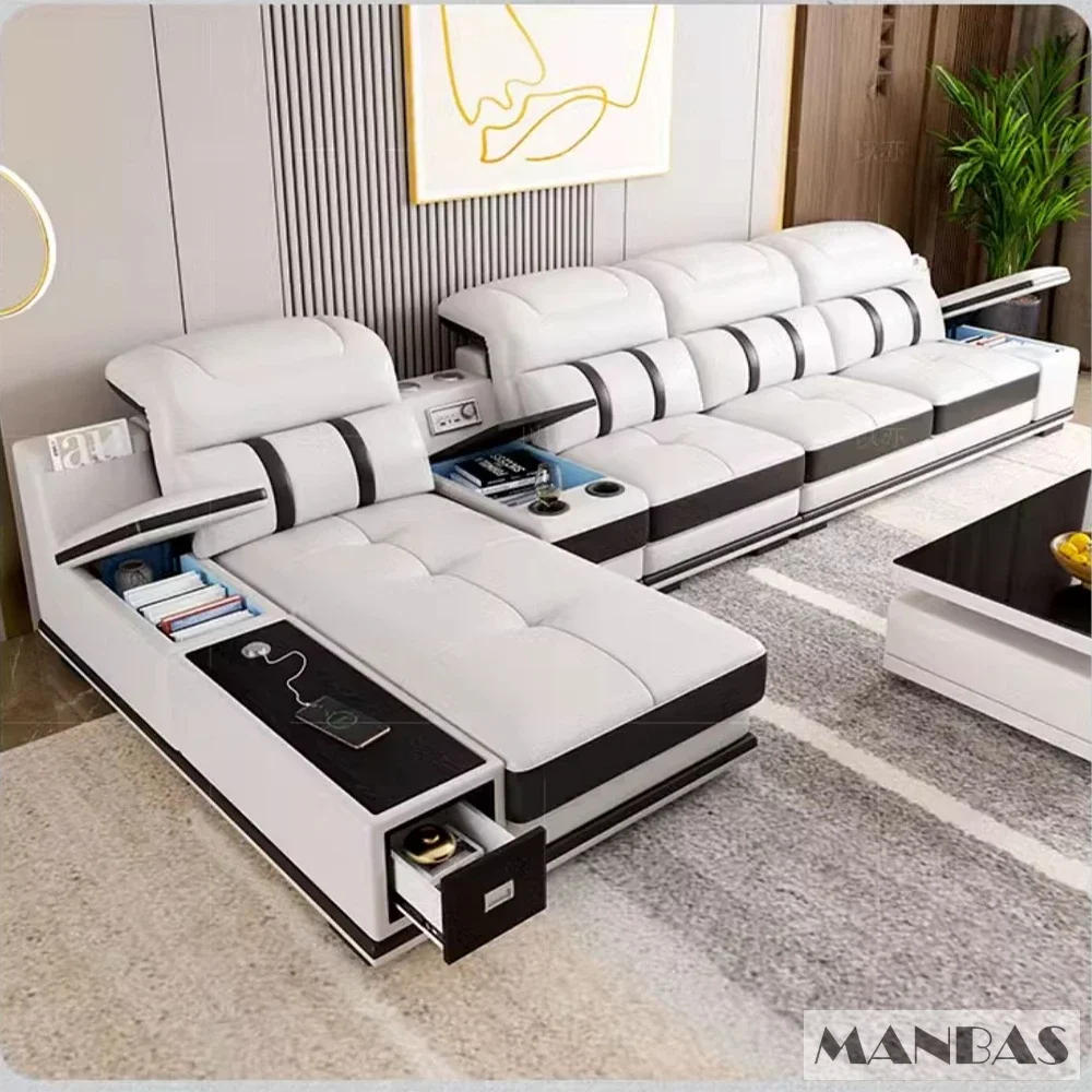 Description Picture 5 of itemModern Genuine Leather Sofa Living Room By MANBAS - Stylish Italian Couch with Bluetooth Speaker, USB & Adjustable Headrests