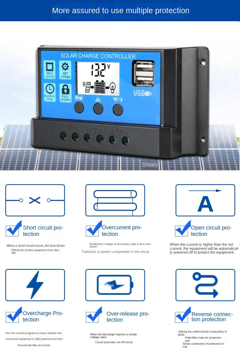 Description Picture 3 of item10A 20A 30A 50A 60A Solar Charge Controller 12V/24V PWM LCD Display Dual USB 5V Output Panel Battery Regulator Intelligent