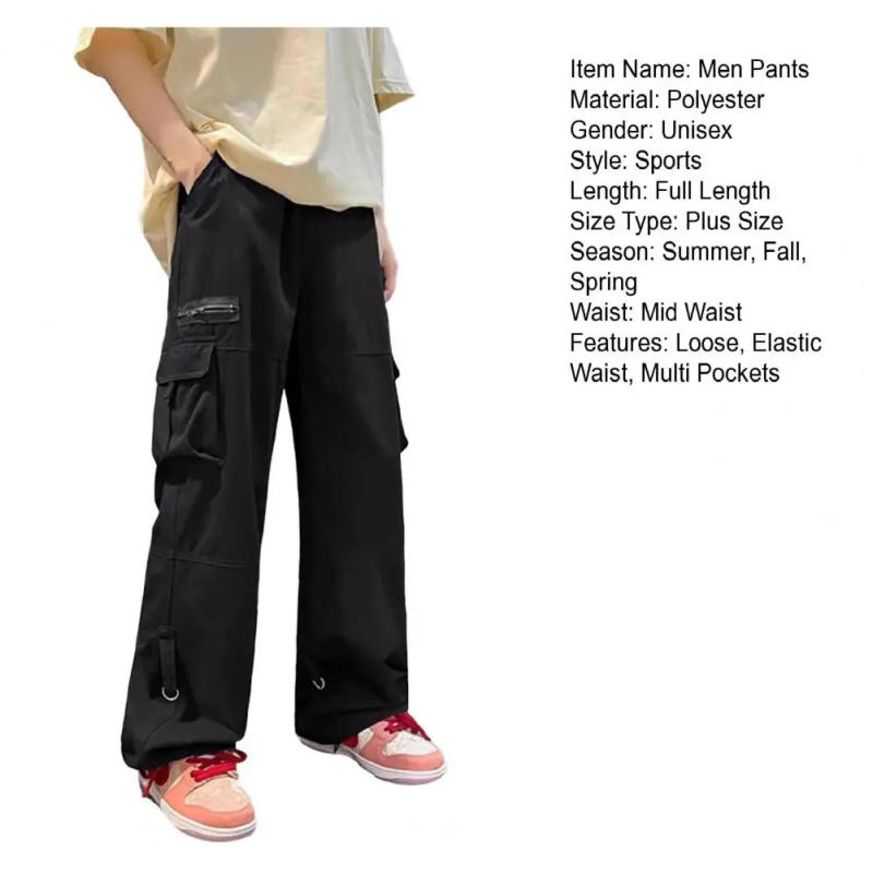 Description Picture 3 of itemLady Cargo Pants Vintage Loose Men's Cargo Pants with Elastic Waist Multi Pockets Soft Breathable Fabric Streetwear for Daily