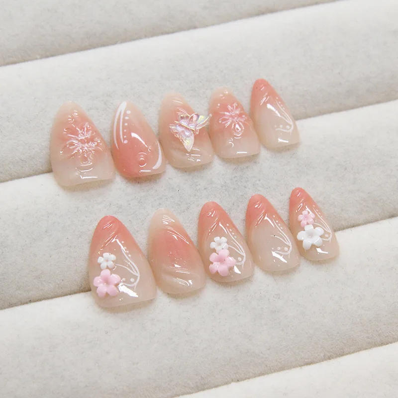 Description Picture 6 of item24Pcs Sweet Short Almond French False Nails with Glue 3D Wave Nail Pattern Floral Pink Blush Press on Acrylic Nail Manicure Tips