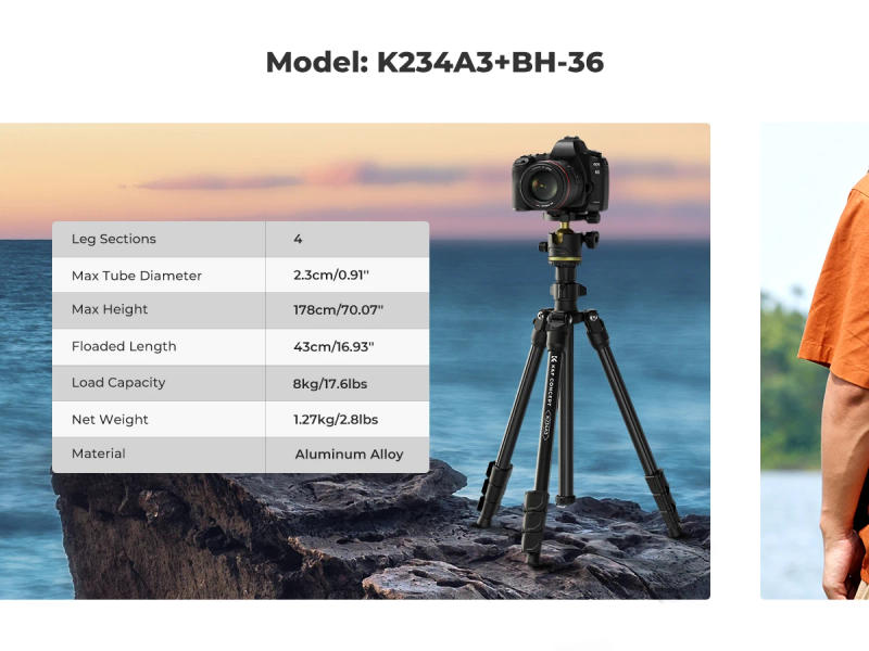 Description Picture 3 of itemK&F Concept 70 Inch Professional Camera Tripod for DSLR Portable Aluminum Travel Tripod with 360 Degree Panorama Ball Head