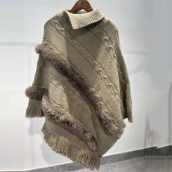 4 Color Warm Oversize Knitted Poncho Shawl Women Cape Big Pendulum Two Circle Faux Rabbit Fur Twist Tassel Pullover Overcoat