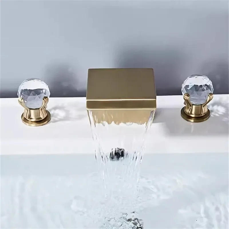 Description Picture 5 of itemBrushed Gold Bathroom Faucet Brass Black Basin Crystal Sink Faucets 3 Hole Hot And Cold Waterfall Water Tap