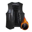 Men Fall Winter Vest Faux Leather Thick Plush V Neck Multi Pockets Sleeveless Single-breasted Warm Windproof Solid Color Mid-age