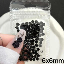 100pcs Black Rose Resin Nail Charm 3D Glitter Camellia Rose (6/8mm) Nail Rhinestones Flatback Cute Flower Nail Craft Jewelry $R6