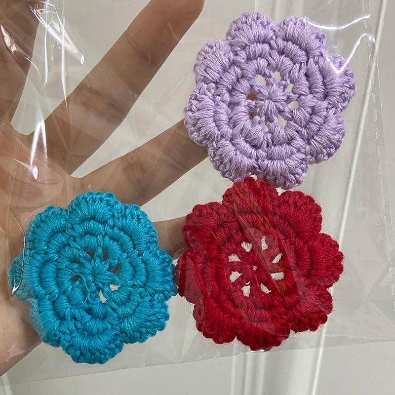 Description Picture 5 of item2Pcs Hand Knitting Crochet Flower Three Layer Multi Color Sewing Hat Clothing Cotton Fabric Mats DIY Craft Apparel Accessories