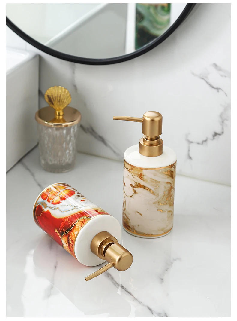 Description Picture 5 of itemGold-plated Marble Soap Dispenser Creative Ceramic Emulsion Bottle Bathroom Decoration Hand Sanitizer Shampoo Pressure Bottle