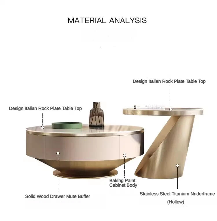 Description Picture 3 of item2pcs Modern Gold White Round Marble Slab Coffee Table Set Wooden Furniture Luxury Center Table For The Living Room