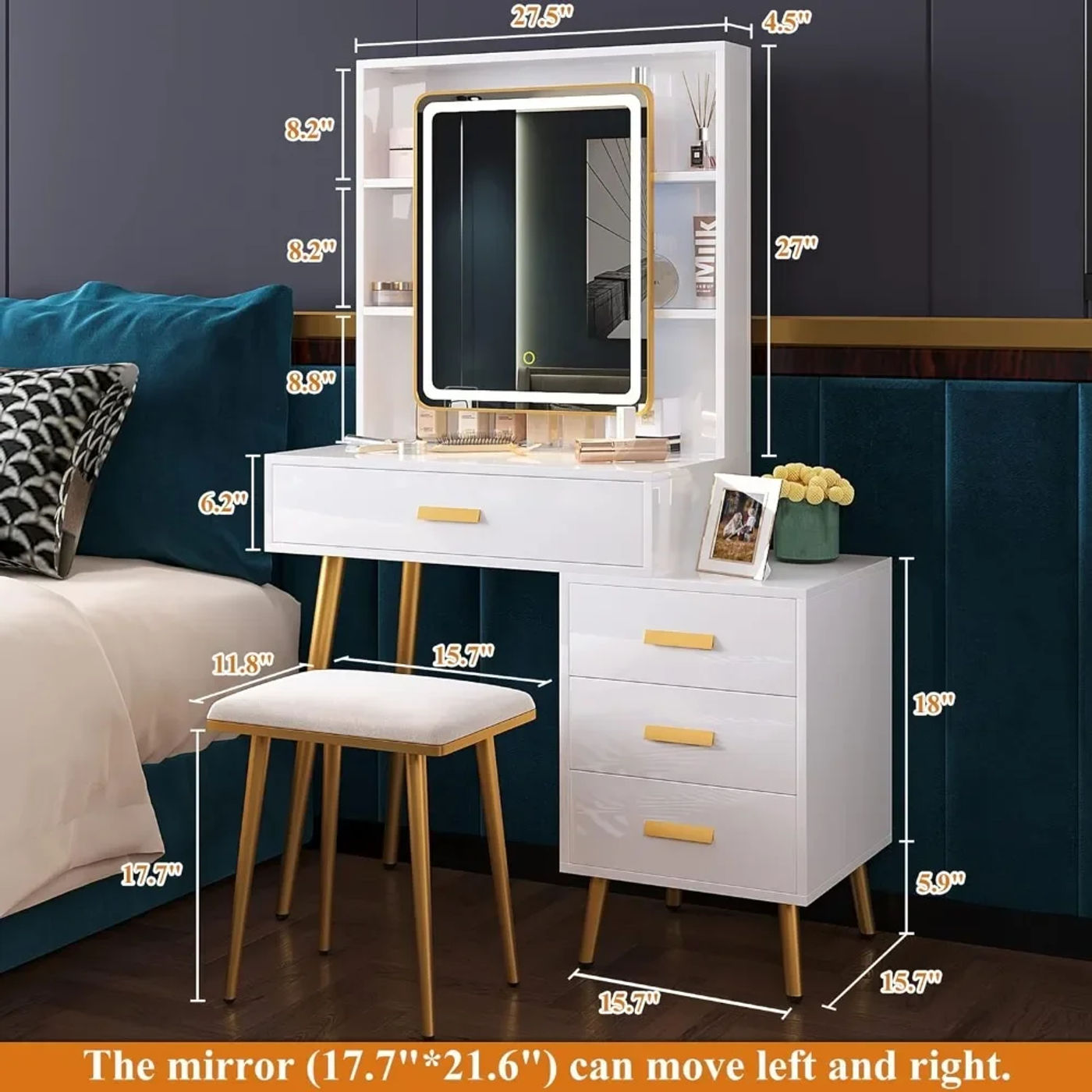 Description Picture 5 of itemMakeup Vanity With 4 Drawers Vanity Mirror With Lights and Table Set Rectangular Mirror White Freight Free Dressing Dresser Home
