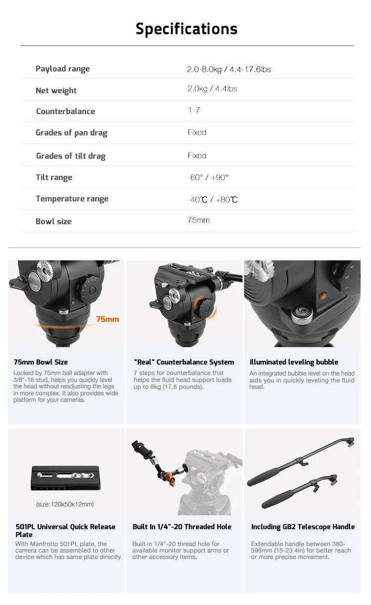 Description Picture 4 of itemE-Image EG08A2 2-Stage Aluminum Tripod System with GH08 Fluid Head (75mm)