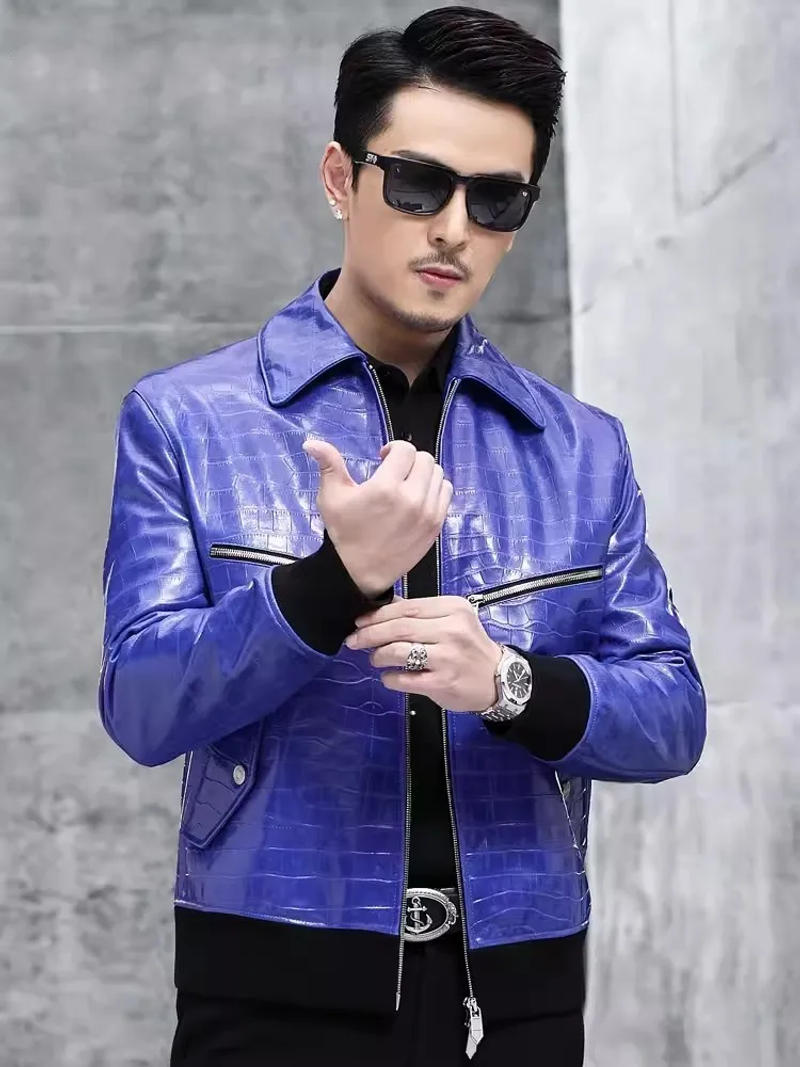 Description Picture 6 of itemFashion Spring Men Crocodile Pattern Sheepskin Genuine Leather Jacket Slim Fit Motorcycle Biker Coat Male Casual Bomber Jacket