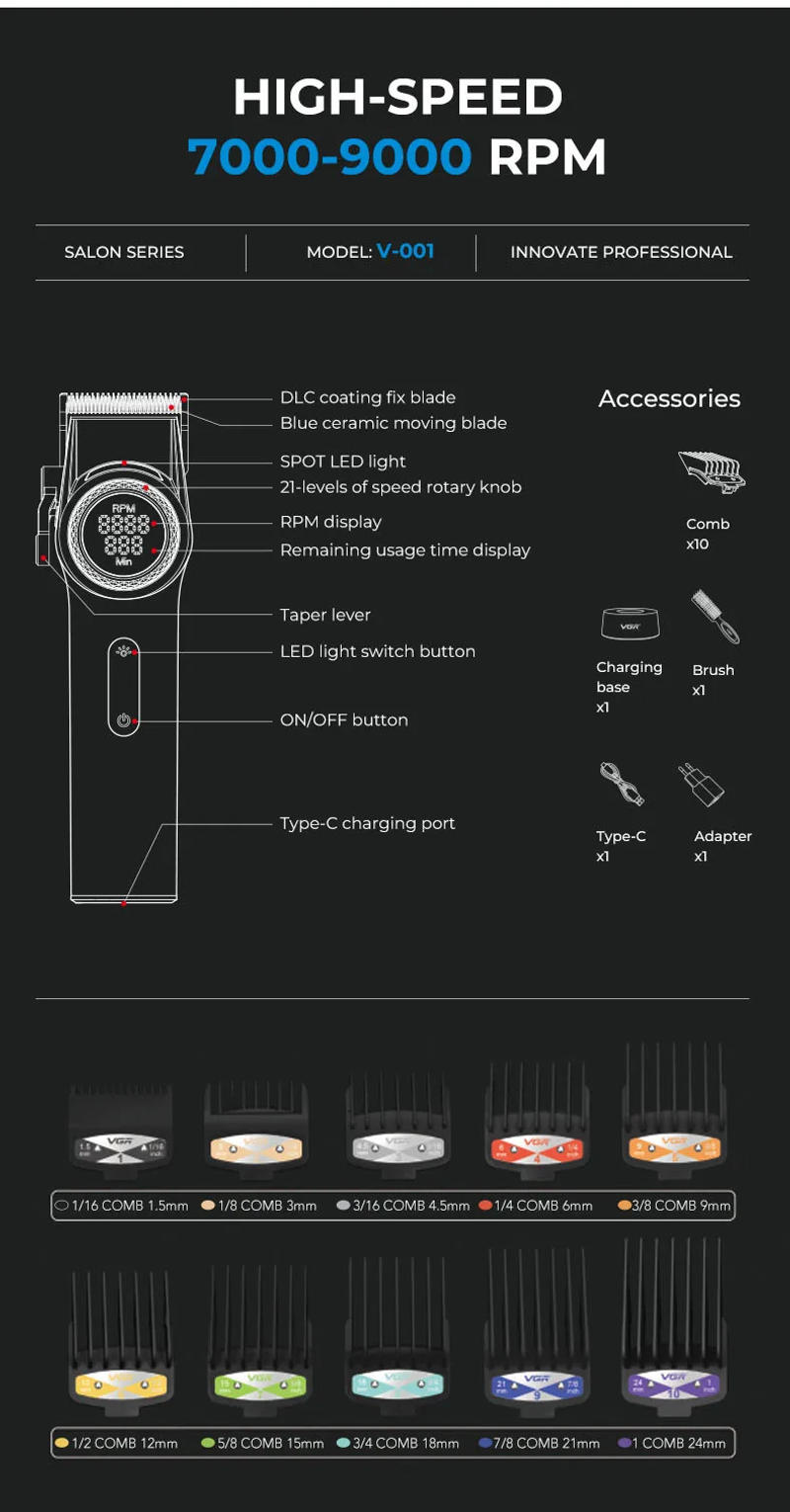 Description Picture 3 of itemVGR Hair Trimmer Electric Adjustable Trimmer Rechargeable Hair Cutting Machine Professional Led Hair Trimmer for Men V-001