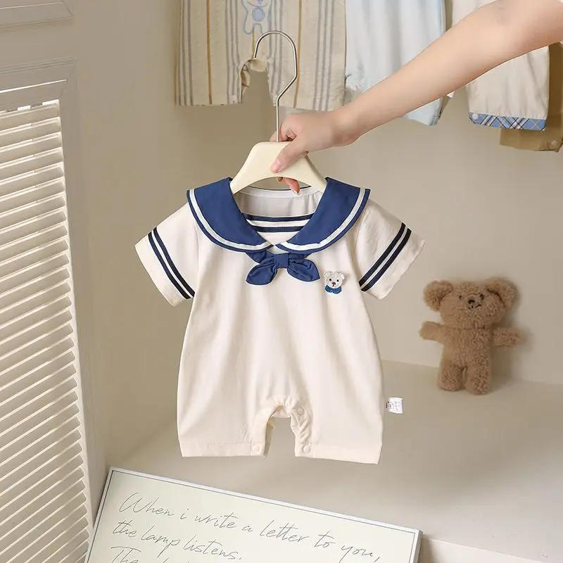 Description Picture 2 of item2025 Baby Navy Style Short-Sleeve Romper - Summer Newborn Outfit with Shorts, Breathable Cotton Casual Wear 0-24M