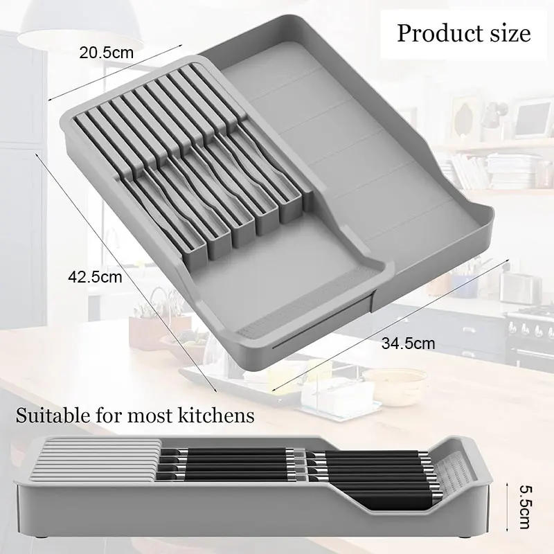 Description Picture 6 of itemKnife Block Holder with Expandable Organizer Storage Tray for Kitchen Countertop Retractable Knife Organizer Drawer Insert