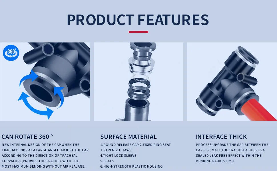 Description Picture 5 of itemYICHENG PNEUMATIC Hose Connector Tee 3 Ways - 16MM Tube OD Push to Connect Tube Quick Fittings Push Lock (Pack of 10)