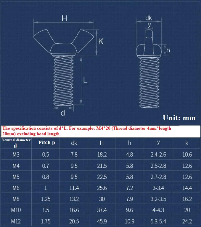 Description Picture 2 of itemM3 M4 M5 M6 M8 M10 M12 304 Stainless Steel Butterfly Bolt Hand Tighten Screws