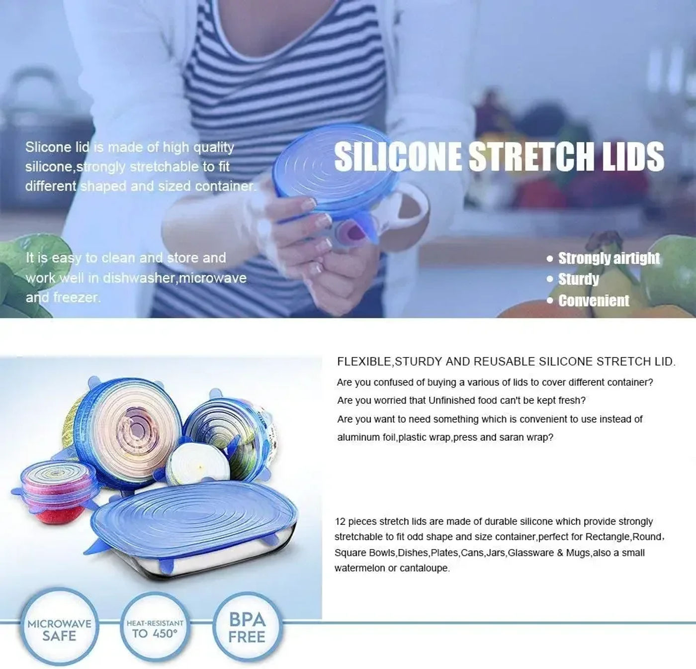 Description Picture 3 of itemFor Kitchen Accessories Cover Organization Fresh-keeping Elastic Bowl Packaging Sealable Food Silicone Lids and Housewares Cans.