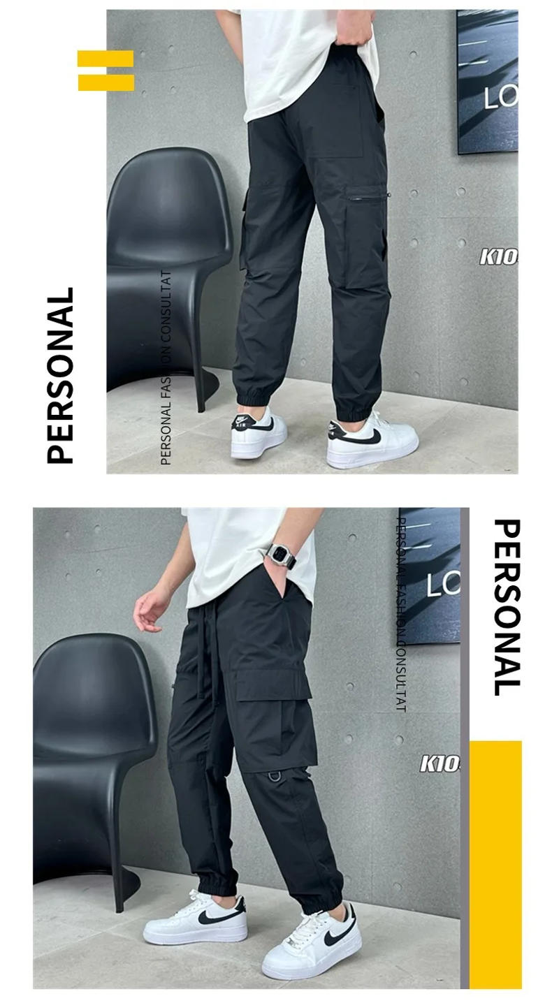 Description Picture 3 of itemStreetwear Men's Cargo Drawstring Pants Spring Summer Leggings Harlan Trousers Trendy Versatile Loose Pants With Multi Pocket