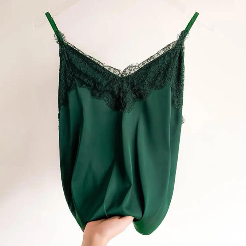 Description Picture 6 of itemWomen Vest Lace Blouse Sleeveless Backless Tank Tops Spaghetti Strap V Neck Silky Casual Soft Women Camisole Top Женская Куртка