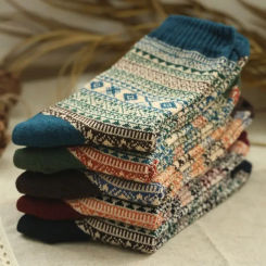 5pairs Soft Comfortable Medium Tube Socks Summer Thin Thick Line Rhombus Ethnic Style Stockings