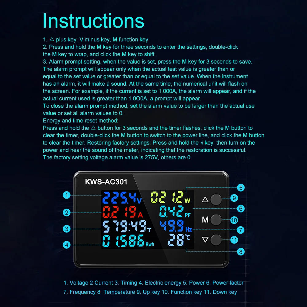 Description Picture 6 of itemKWS-AC301 Wattmeter Power Meter Voltmeter AC 50-300V Voltage 50-60HZ Power Analyzers LED AC Electricity Meter 0-20/100A Detector