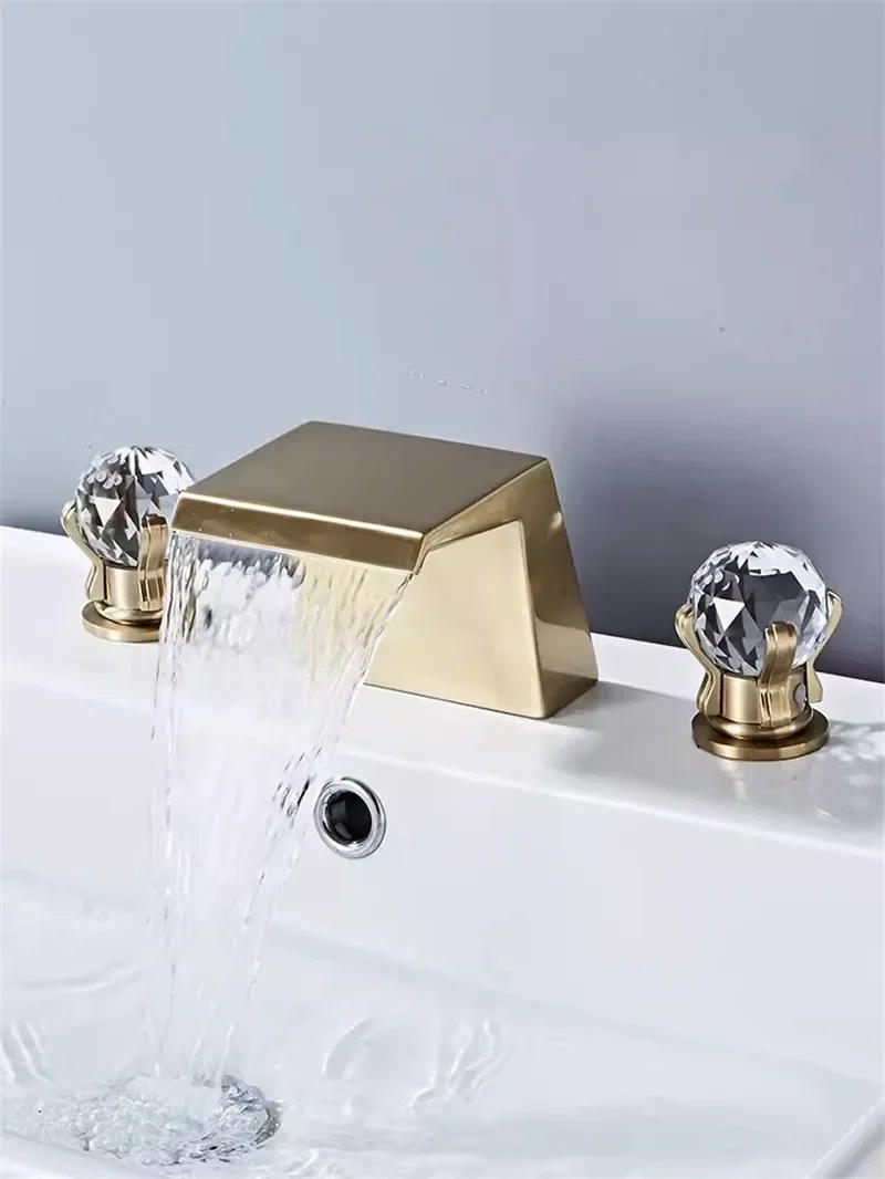 Description Picture 3 of itemTuqiu Luxury Brushed Gold Bathroom Faucet Brass Widespread Basin Sink 3 Hole Hot Cold Black  Water Tap