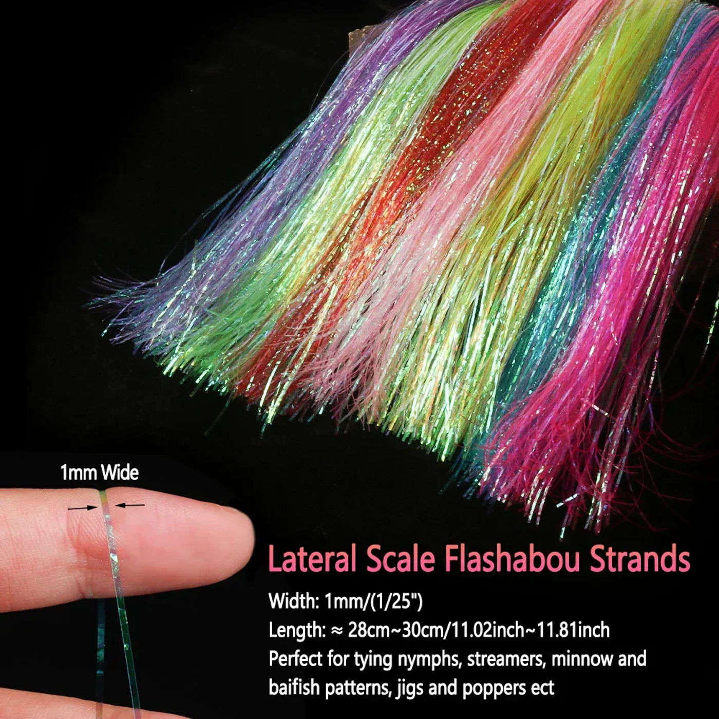 Description Picture 3 of itemBimoo 1mm Lateral Scale Flashabou Strands Fly Tying Material Corrugated Flashabou Tinsel Streamer Minnow Baitfish Fishing Lures