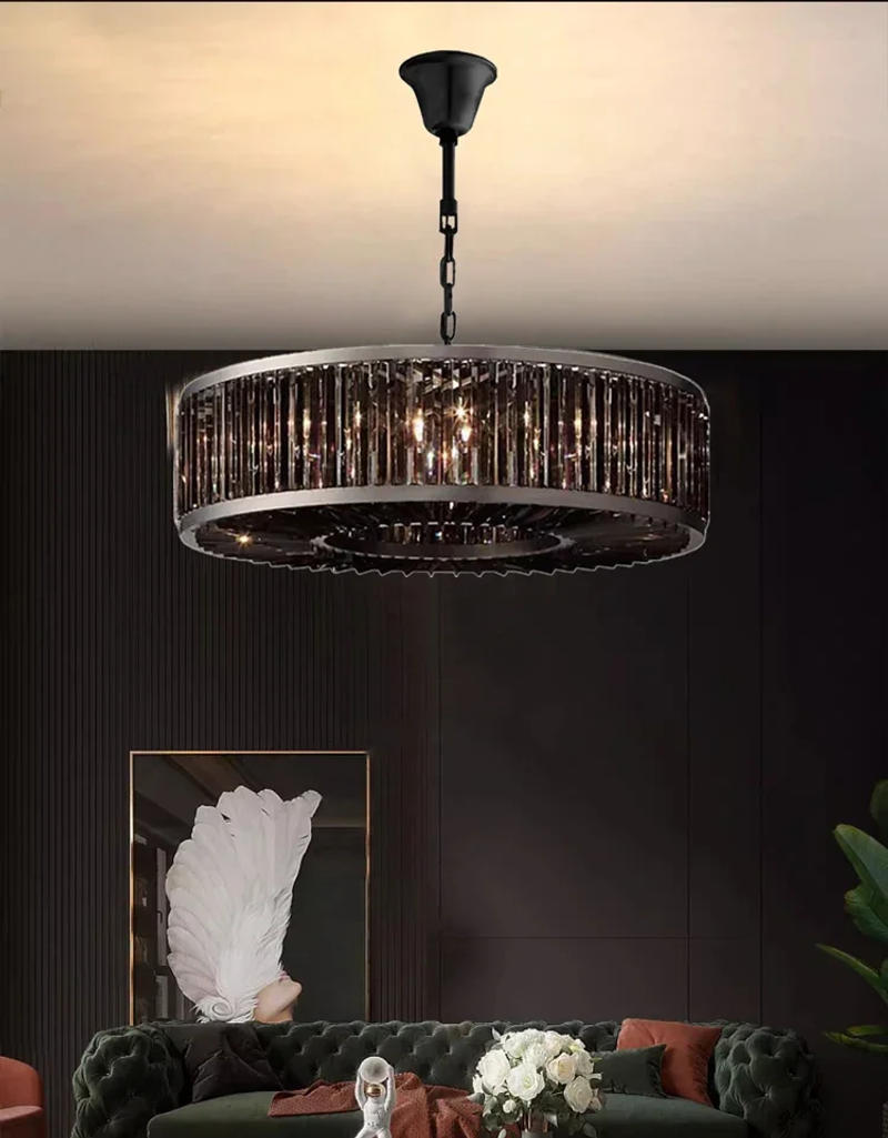 Description Picture 2 of itemLed Retro American Black Round Crystal Hanging Lamps Chandelier Lighting Lustre Suspension Armature Lamps For Living Room