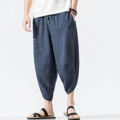 Men Summer Cropped Pants Men's Summer Vertical Striped Print Cropped Pants with Elastic Drawstring Waist Carrot for Streetwear
