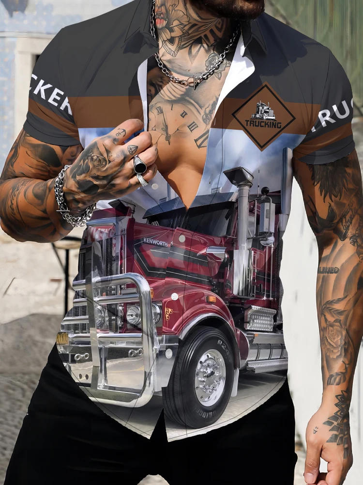 Description Picture 3 of item3D car print lettering, vintage street wear, summer men's lapel short-sleeved shirt, casual button-up shirt for everyday fashion