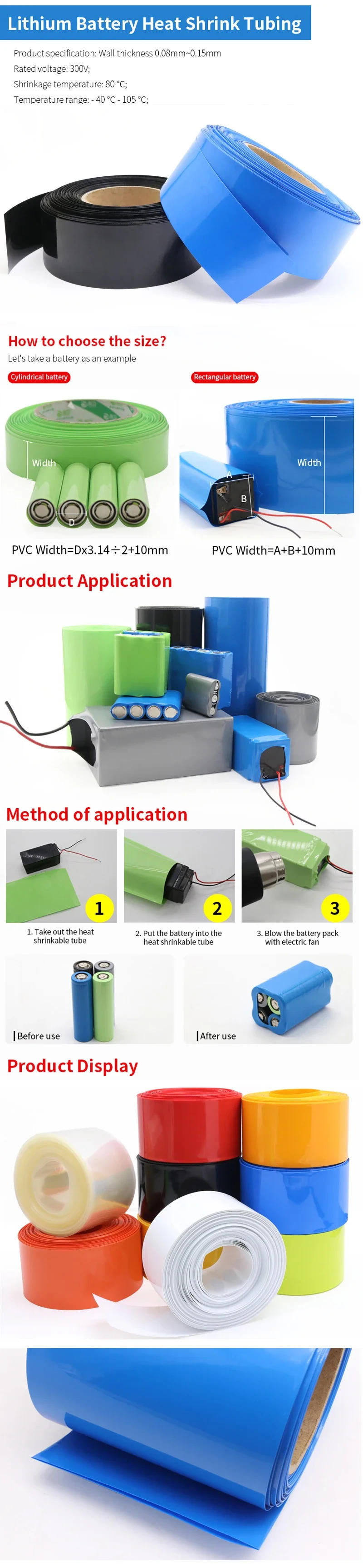 Description Picture 2 of item18650 Pvc Shrink Film Lipo Battery PVC Heat Shrink Tube Pack Width 17mm~80mm Insulated Film Wrap lithium Case Cable Sleeve Blue