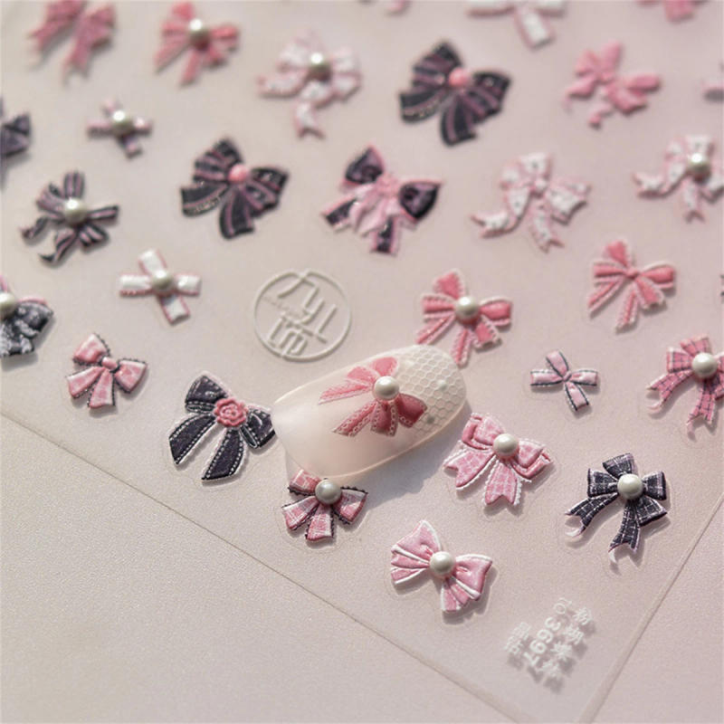 Description Picture 4 of itemPink Black Bowknot Retro White Lace Rose 5D Embossed Reliefs Self Adhesive Nail Art Stickers Vintage Manicure Decals Wholesale