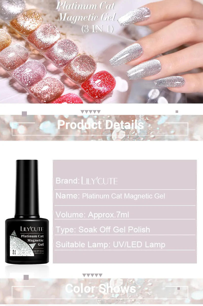 Description Picture 2 of itemLILYCUTE 7ML Rose Gold Foils Effect Platinum Cat Magnetic Gel Nail Polish Silver Moonlight for Fall Winter Manicure Nail Art Gel
