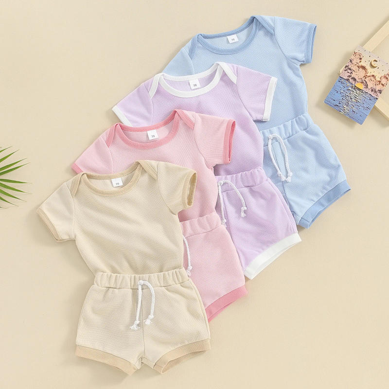 Description Picture 2 of itemCasual Summer New Baby Boy Girl Outfit For Kids Clothes Patchwork Crew Neck Short Sleeve Rompers Shorts 2Pcs Kids Clothin Set