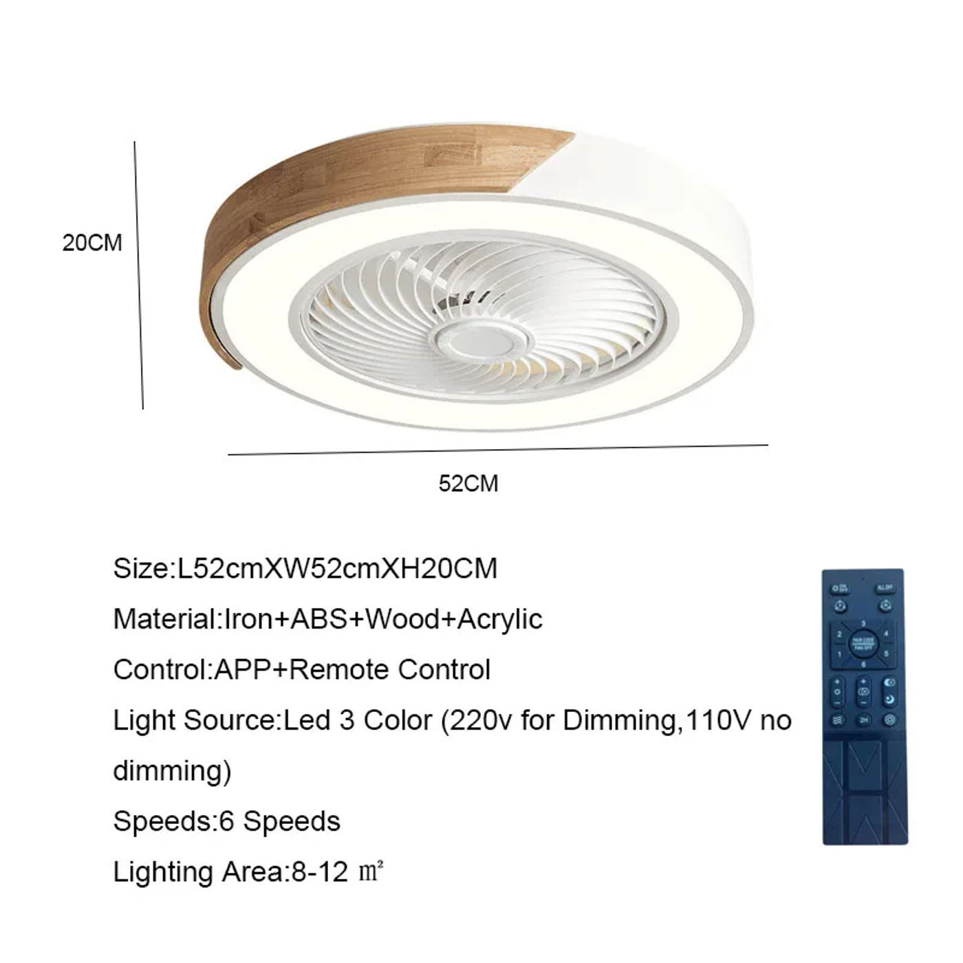 Description Picture 4 of itemSmart Ceiling Fans With Light For Living Room Dining Room Blades Reversible 6 Speeds 52CM Fans Lighting 36W Low Floor