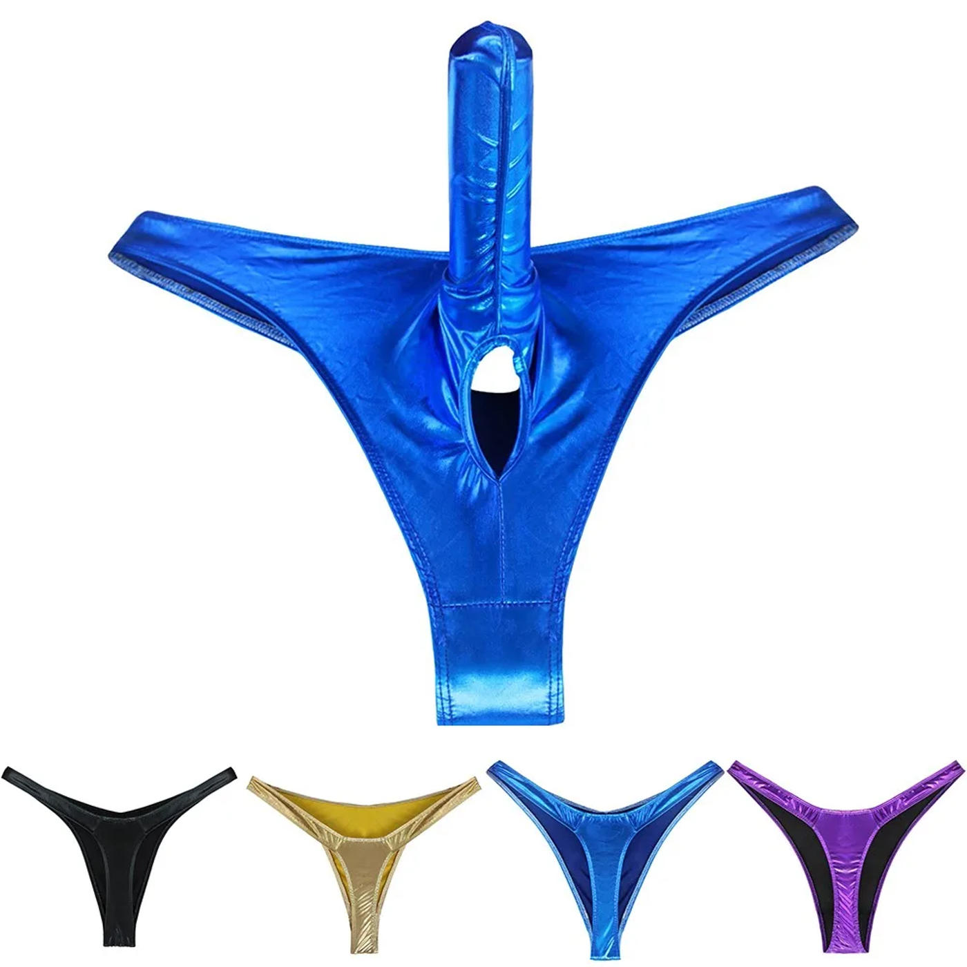 Description Picture 3 of itemMens Sexy Lingerie Ball Hole Thong Underwear Closed Cock Sheath Brief Elephant Nose G-string Men Patent Leather Underpant