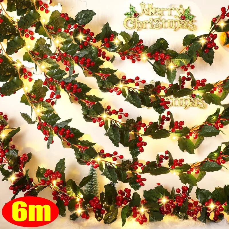 Description Picture 4 of itemArtificial Holly Leaves Vine Garland with Light Strings Red Berries Wreath Hanging Ornament for DIY Xmas Tree Home Party Decors