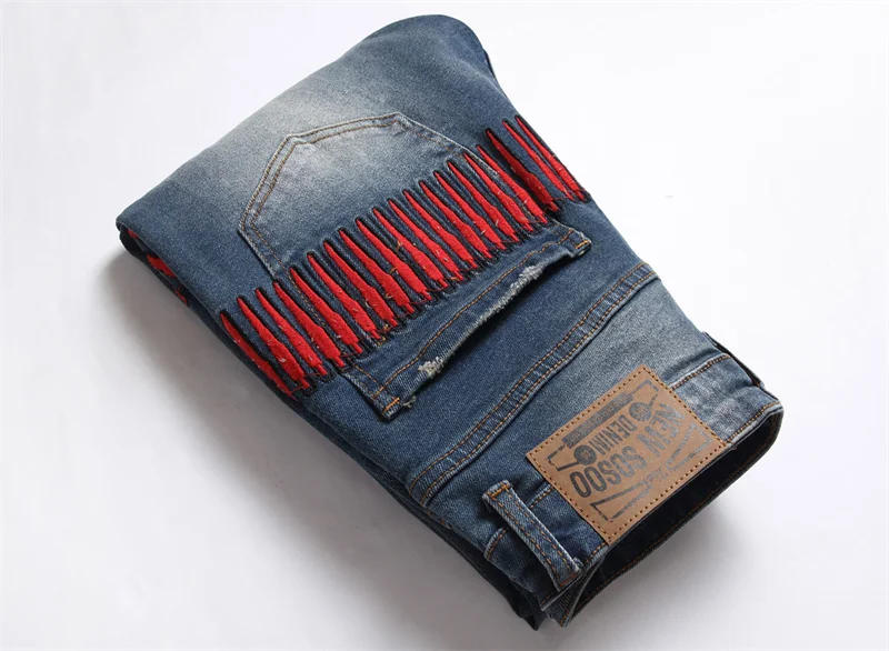 Description Picture 5 of itemRetro Tattered Jeans Jeans Men's Personalized Embroidery Fashion Street Fashion Brand Slim Fit Feet Washed High-End Trousers