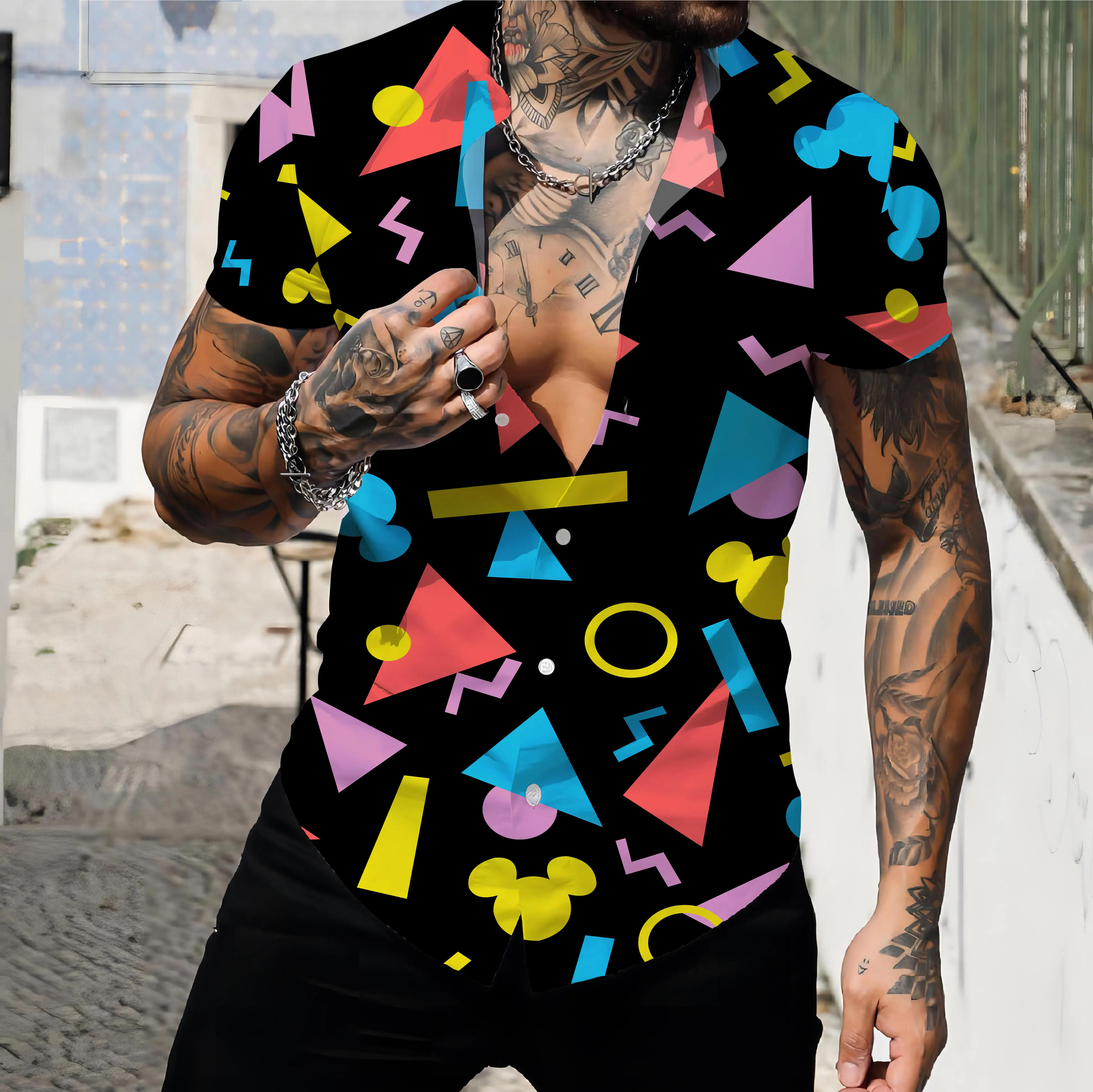 Description Picture 3 of item2024 New 3D Digital Geometry Hawaiian Men's Short sleeved Polo Neck Shirt Loose, Casual, High Quality Comfortable and Breathable