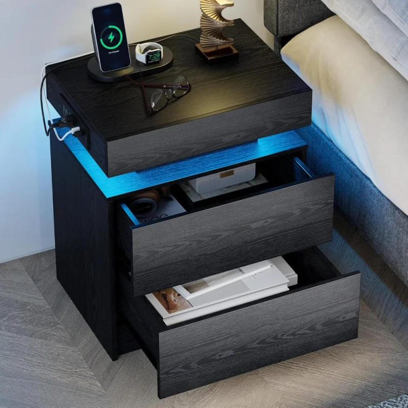Description Picture 2 of itemModern Black Nightstand with LED Light and Drawers, Bedside Tables/End Table for Bedroom