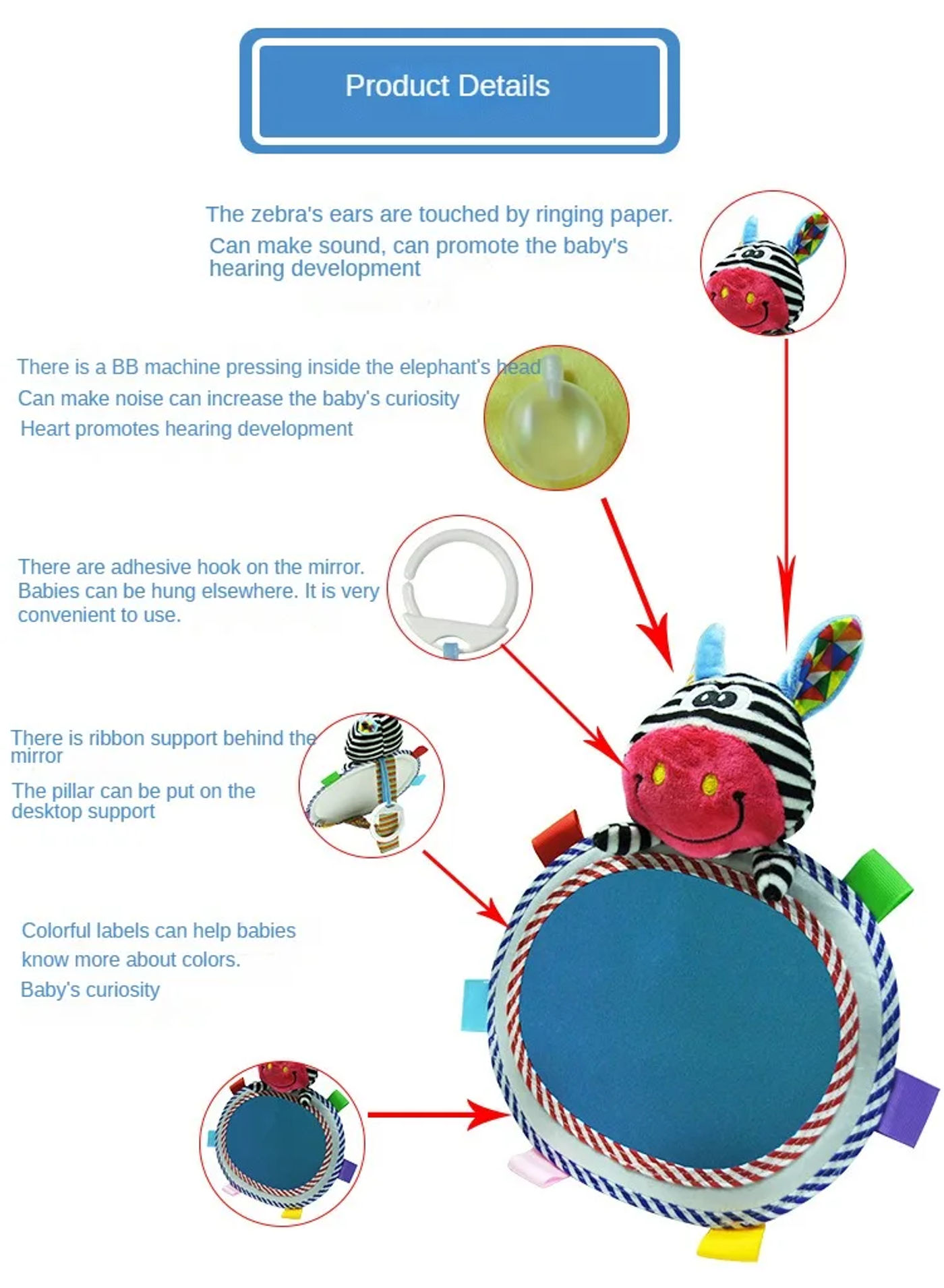 Description Picture 3 of itemBaby Car Mirror Back Seat Rear View Mirror Cartoon Animal Plush Toys Adjustable Rear Facing Mirrors for Baby Stroller Toys