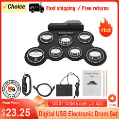 Digital Electronic Drum Compact Size USB Foldable Silicon Drums Set 7-Pad Drums Digital Drum Kits with Drumsticks Foot Pedals