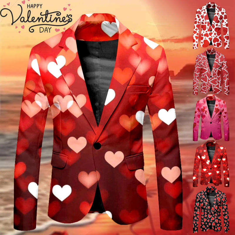 Description Picture 2 of itemMale Valentine's Day Long Sleeve Jacket With Printed Buttons And Multiple Pockets For Holiday Party Events Coat Festive Slim